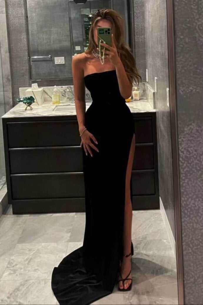 Sexy Strapless Long Prom Dress Boycon Split Black Evening Gown,Night Dresses