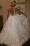 Sparkly V-neck Sleeveless Backless Floor-length Wedding Dresses,Prom Dresses