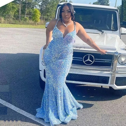 Sexy Plus Size Long Sky Blue Prom Dresses For Black Girls  jkprom