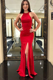 Sheath Red Evening Dresses Satin Jewel Simple Evening Gown