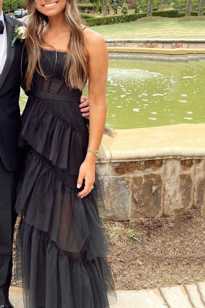 layered black dress Velvi - Miriam Tiered Maxi - The high A-line Layered Black Prom Dress,Corset