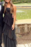 Elegant A-line Layered Tulle Black Prom Dress,Sheer Corset Long Evening Dress,Graduation Dress