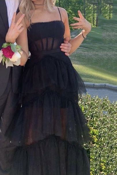 A-line Layered Black Prom Dress,Corset Long Evening Dress jkprom A-line Layered Black Prom Dress,Corset Long Evening Dress jkprom
