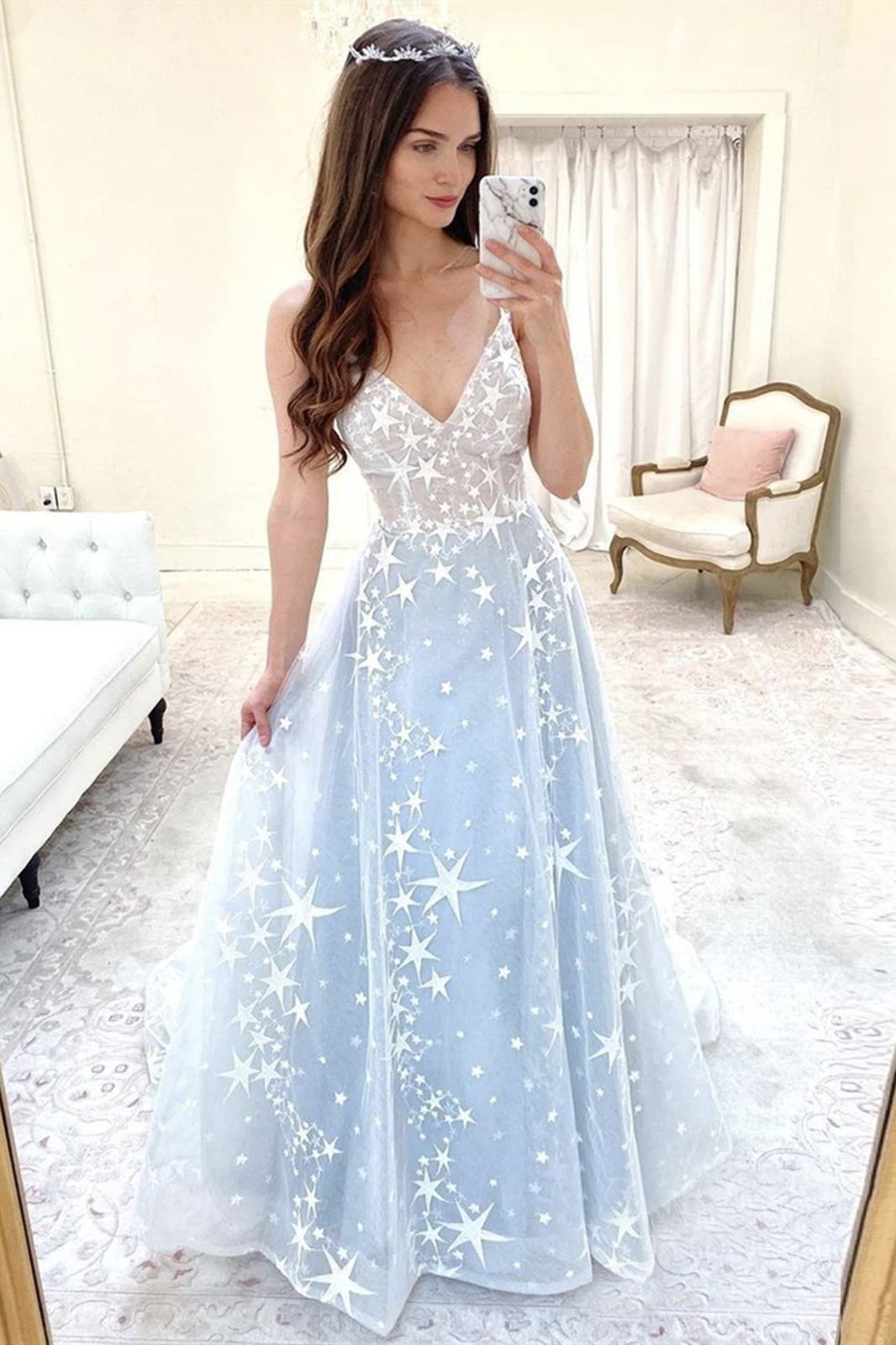 Shiny Star Tulle Prom Dresses A Line V Neck Light Blue Formal Gown