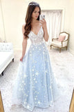 Shiny Star Tulle Prom Dresses A Line V Neck Light Blue Formal Gown