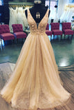 Shiny A Line V Neck Champagne Floral Sequin Long Tulle Prom Dress,Wedding Party Dresses