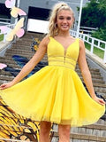 Shiny A Line V Neck Short Yellow Prom Dresses, Short Yellow Formal Homecoming Dresses