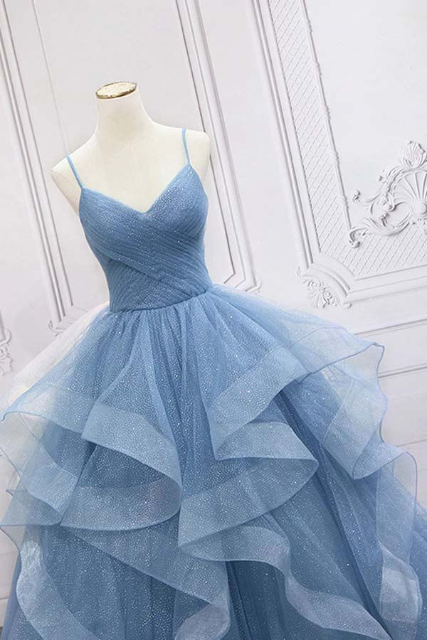 Shiny Blue Tulle A-line Spaghetti Straps Long Prom Dresses,Princess quinceanera dresses