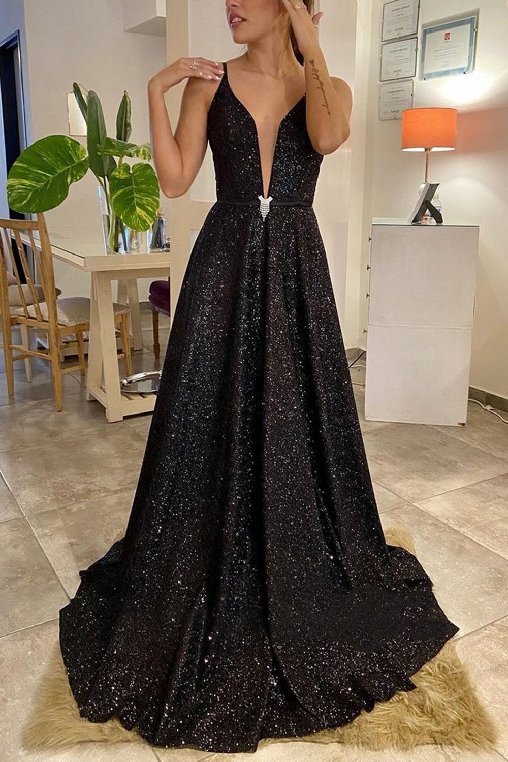 Shiny V Neck Backless Black Long Prom Dresses,Sexy Formal Dresses, Sparkly Black Evening Dress