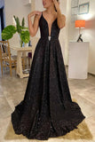 Shiny V Neck Backless Black Long Prom Dresses,Sexy Formal Dresses, Sparkly Black Evening Dress