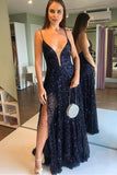 Shiny V Neck Backless Navy Blue Long Prom Dress with Slit, Dark Blue Formal Graduation Evening Dresses