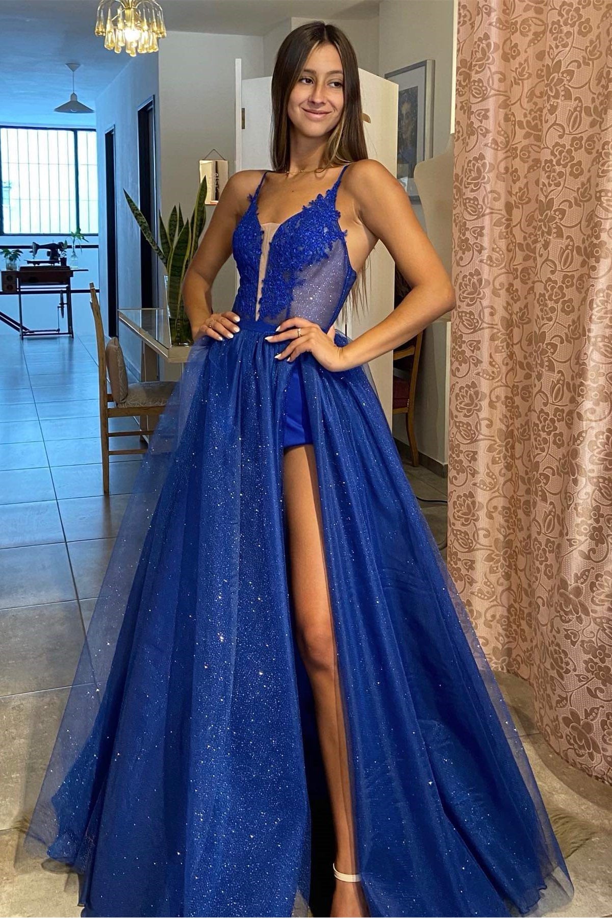 Shiny V Neck Blue Lace Long Prom Dress with High Slit,2022 Formal Dresses, Sparkly Blue Evening Dress