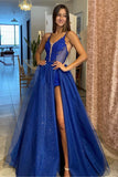 Shiny V Neck Blue Lace Long Prom Dress with High Slit,2022 Formal Dresses, Sparkly Blue Evening Dress