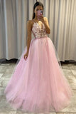 Shiny V Neck Pink Lace Floral Long Prom Dress, Pink Lace Formal Graduation Evening Dress