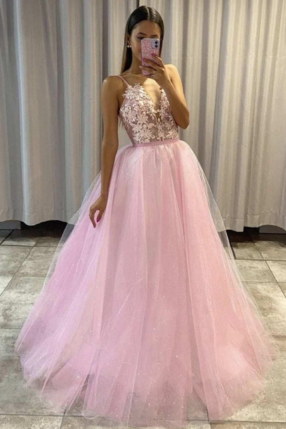 Shiny A-line V Neck Pink Lace Floral Long Prom Dress,Women Formal Dresses
