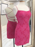 Short Backless Pink Lace Prom Dresses, Short Open Back Lace Graduation Homecoming Dresses