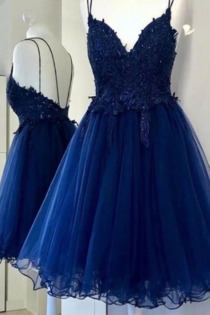 A Line V Neck Blue Short Prom Dresses Backless Homecoming Dresses