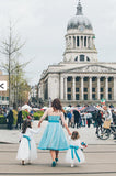 Short Blue Polka Dot Wedding Dress with 3/4 Sleeves