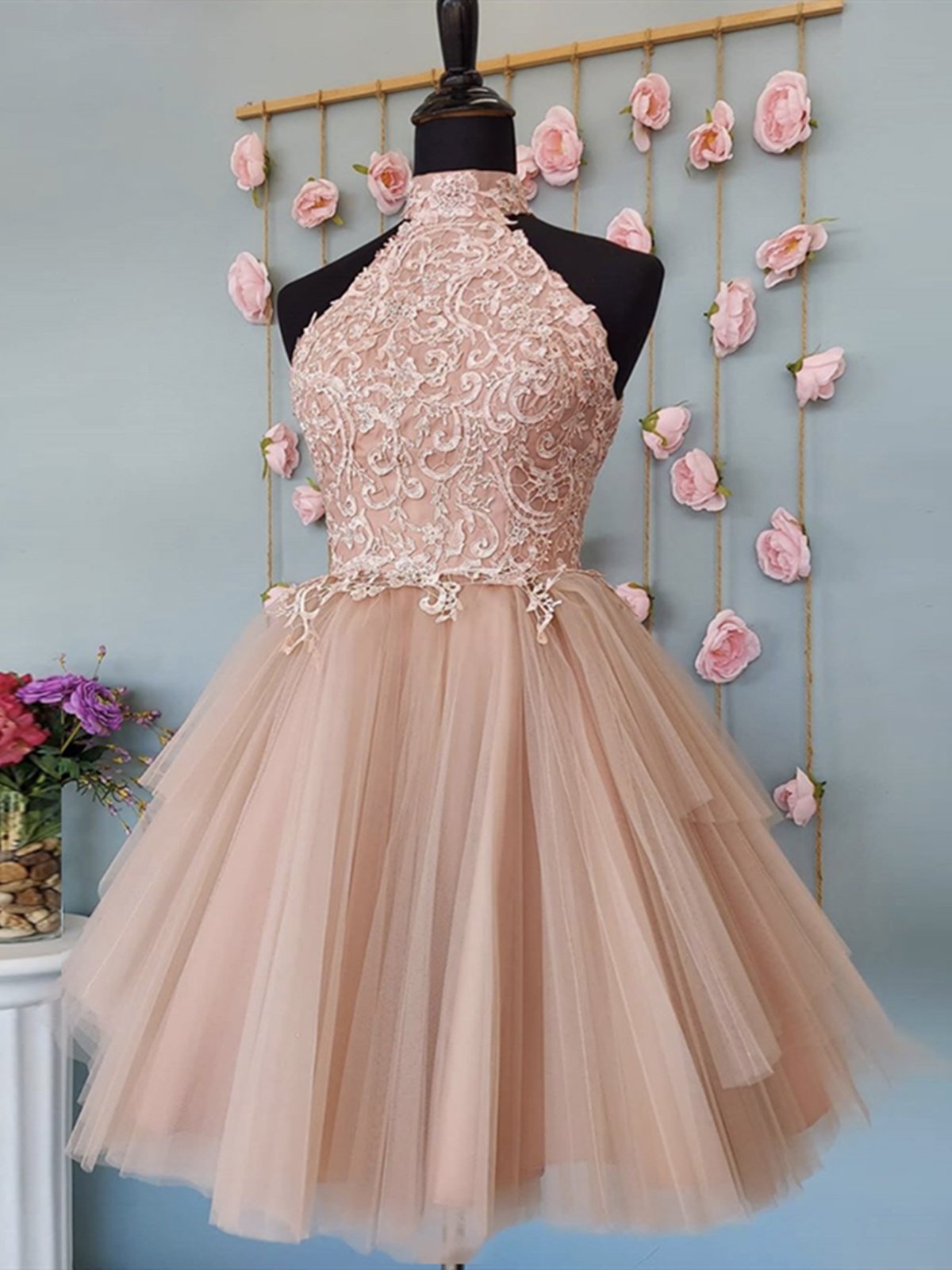 Short Halter Neck Pink Lace Prom Dresses, Halter Neck Short Pink Lace Formal Homecoming Dresses