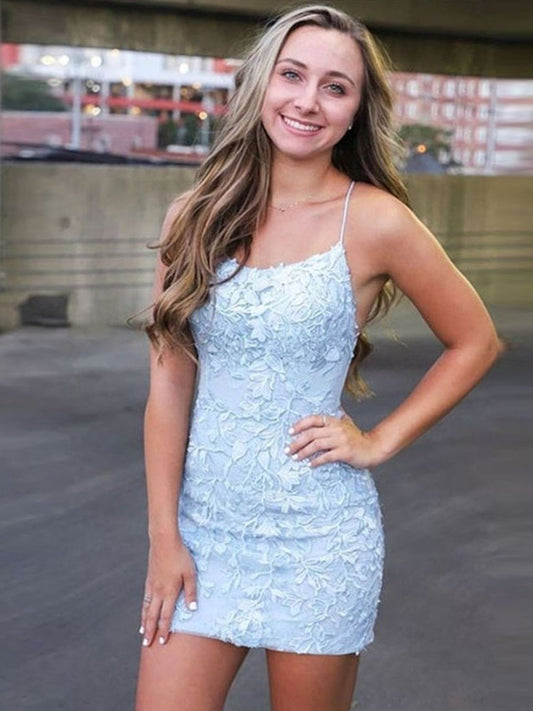 Short Light Blue Backless Lace Prom Dresses, Open Back Light Blue Lace Graduation Homecoming Dresses