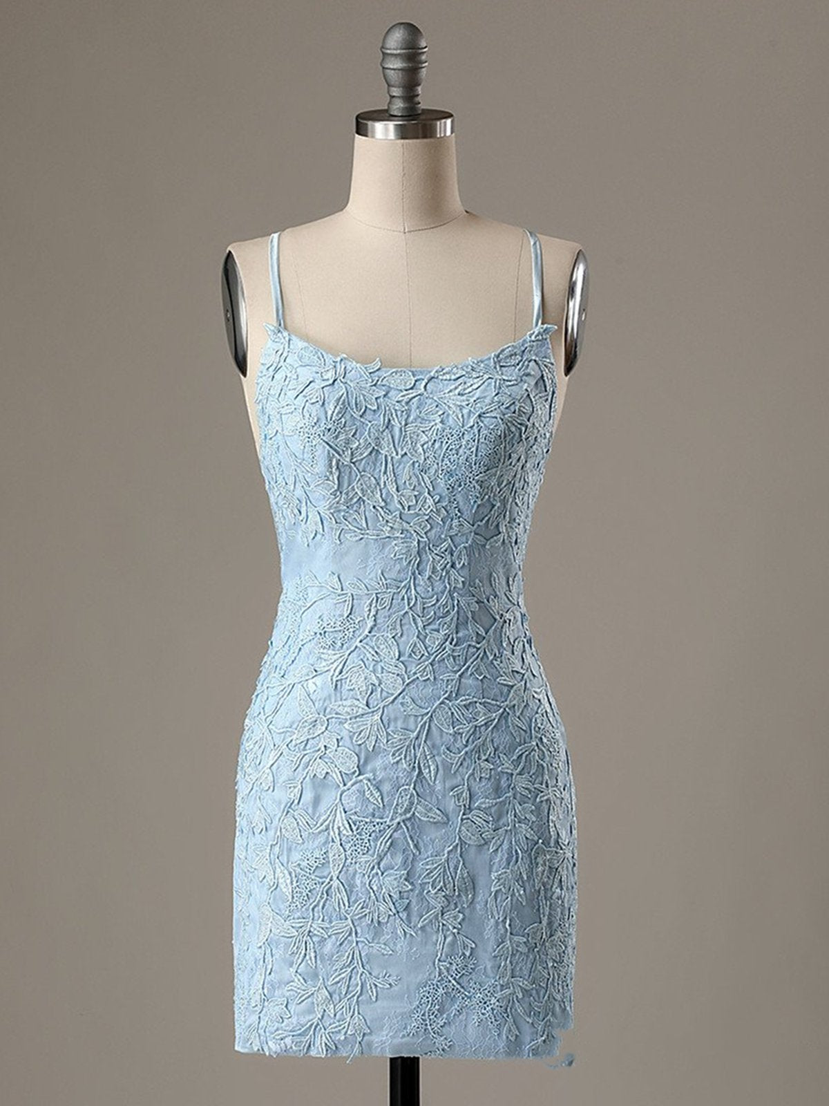 Short Light Blue Backless Lace Prom Dresses, Open Back Light Blue Lace