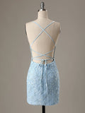 Short Light Blue Backless Lace Prom Dresses, Open Back Light Blue Lace Graduation Homecoming Dresses