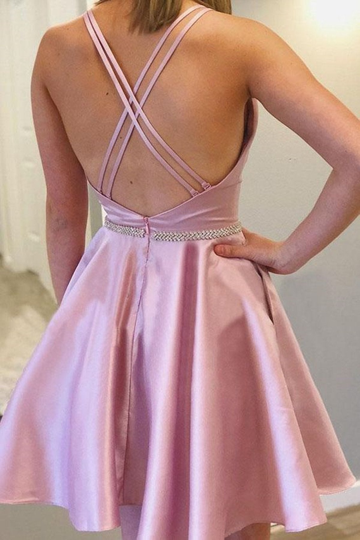 Short Pink Backless Prom Dresses, Open Back Short Pink Graduation Homecoming Dresses