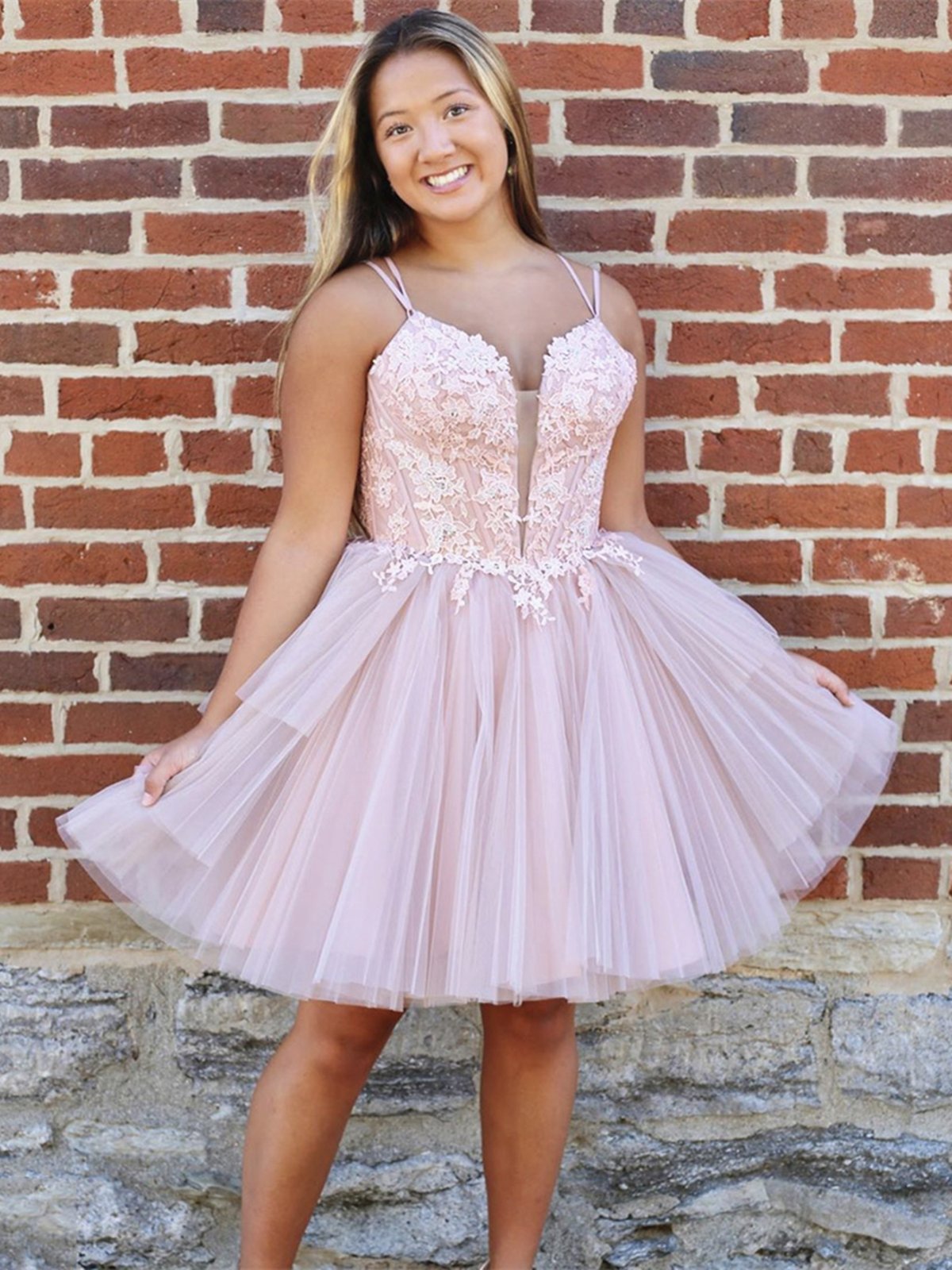 Short Pink Lace Prom Dresses, Deep V Neck Short Pink Lace Formal Homecoming Dresses