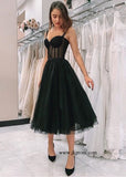 Cheap Black Polka Dot Tulle Short Prom Dresses,Tea Length Evening Gown