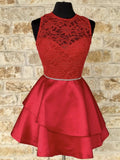 Short Red Lace Prom Dresses, Short Red Lace Formal Homecoming Dresses