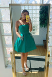 Short Strapless Green Prom Dresses with Pockets, Strapless Short Green Formal Homecoming Dresses