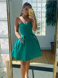 Short Strapless Green Prom Dresses with Pockets, Strapless Short Green Formal Homecoming Dresses