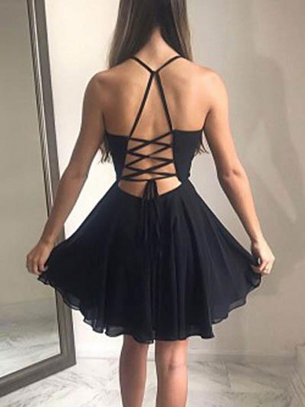 Short V Neck Black Chiffon Prom Dresses, V Neck Short Black Graduation Homecoming Dresses