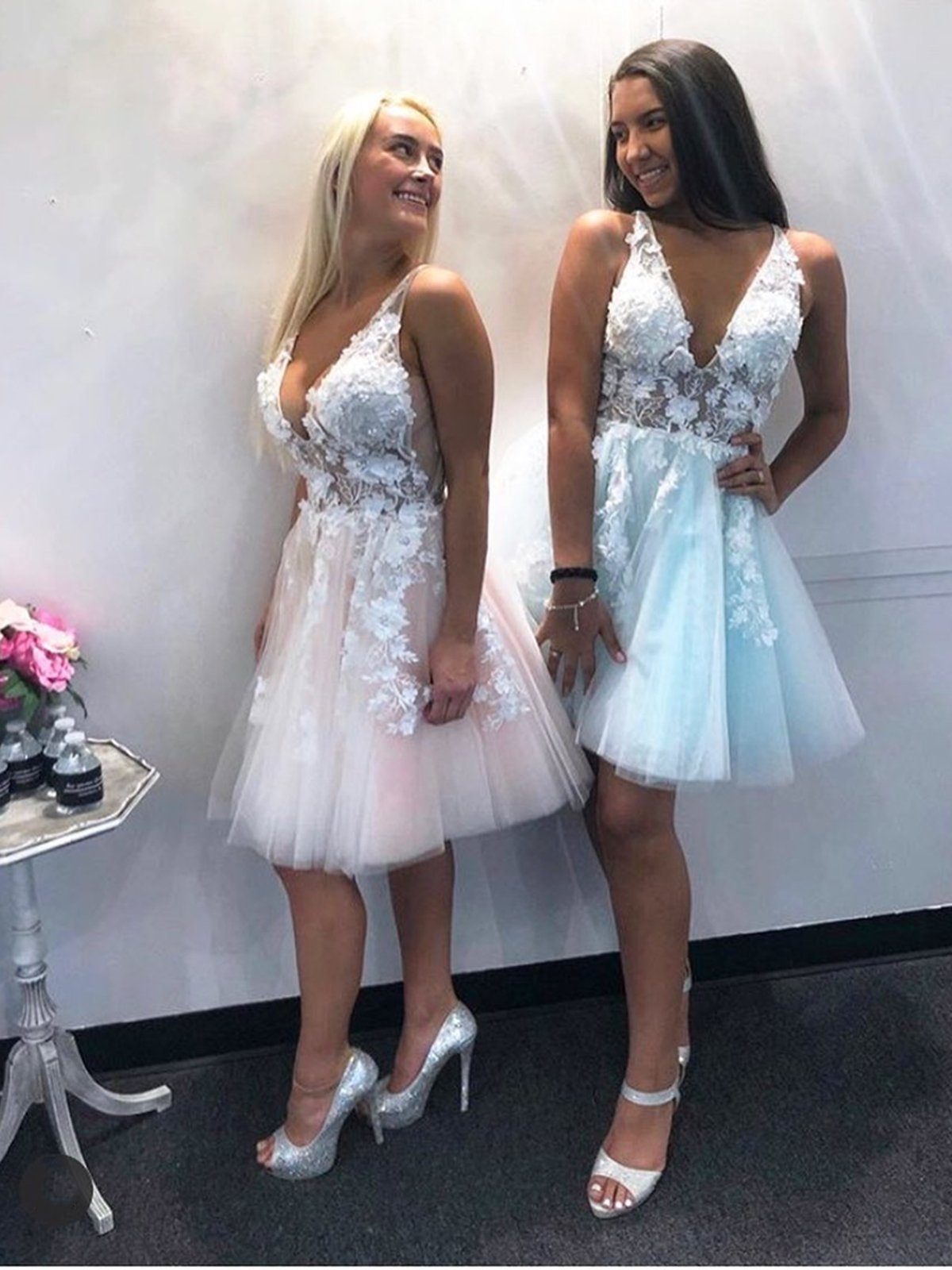 Short V Neck Pink Blue Lace Floral Prom Dresses, Short Pink Blue Lace Formal Homecoming Dresses