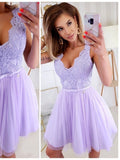 Short V Neck Purple Lace Prom Dresses, V Neck Short Purple Lace Graduation Homecoming Dresses