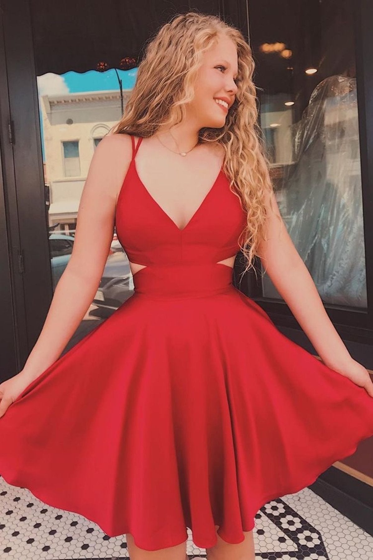 Short V Neck Red Prom Dress with Corset Back, Short Red Cocktail Graduation Homecoming Dresses