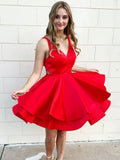 Short V Neck Red Satin Prom Dresses, Short V Neck Red Graduation Homecoming Dresses