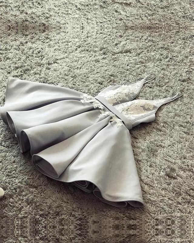 Silver Satin V Neck Homecoming Dresses Lace Appliques Prom Short Dress
