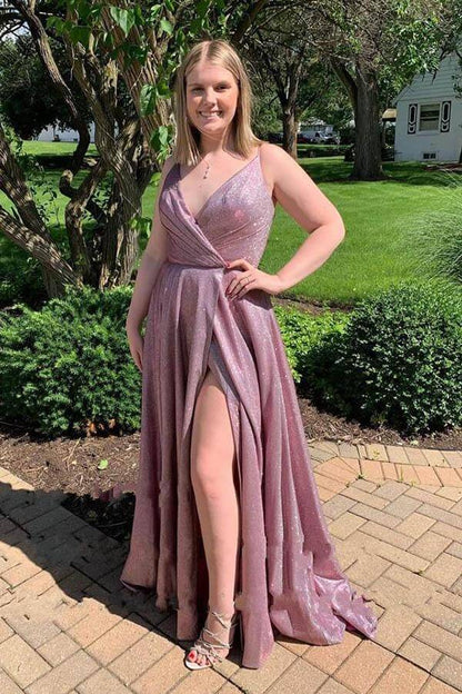 Sparkly A-line Spaghetti Straps Prom Dresses, Evening Dresses With Slit