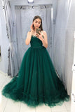 Dark Green Tulle A Line Spaghetti Straps Long Prom Dresses, Evening Gowns