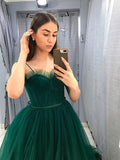 Dark Green Tulle A Line Spaghetti Straps Long Prom Dresses, Evening Gowns
