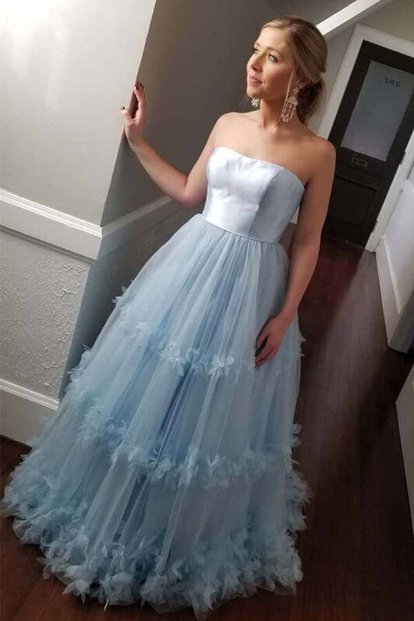 Light Blue Ball Gown Off Shoulder Strapless Long Prom Dresses, Evening Dress
