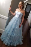 Light Blue Ball Gown Off Shoulder Strapless Long Prom Dresses, Evening Dress