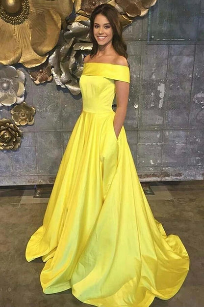 Simple Yellow A-line Off-the-shoulder Long Prom Dresses, Evening Dresses