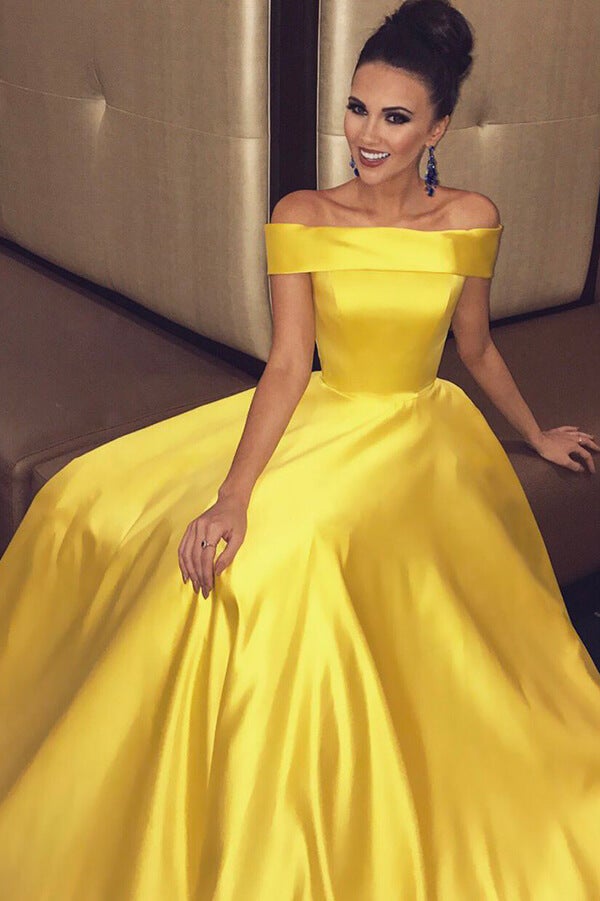 Simple Yellow A-line Off-the-shoulder Long Prom Dresses, Evening Dresses