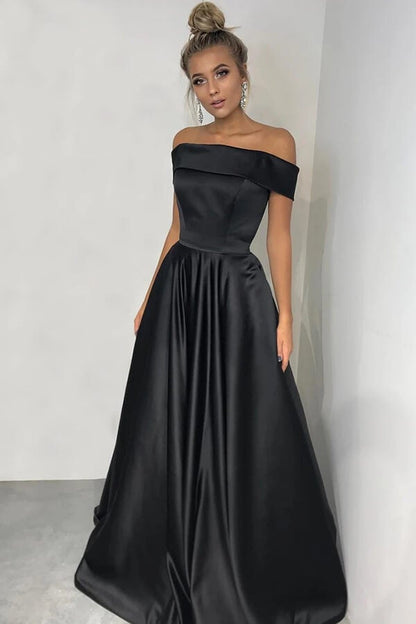 Simple Yellow A-line Off-the-shoulder Long Prom Dresses, Evening Dresses