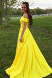 Simple Yellow A-line Off-the-shoulder Long Prom Dresses, Evening Dresses
