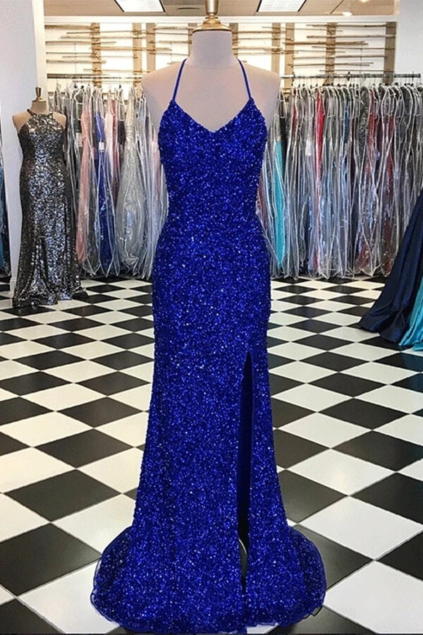 Sparkly Sheath Royal Blue Prom Dresses, Evening Dresses with Slit