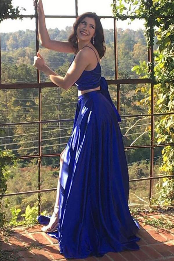 Cute Two Piece Floor Length Royal Blue Prom Dresses With Front Split