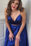 Cute Two Piece Floor Length Royal Blue Prom Dresses With Front Split